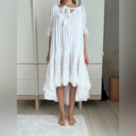 White Midi Boho Style Dress with lace. Handmade. S-M Size - Picture 13 of 14